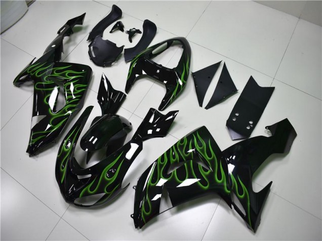 Kawasaki ZX10R 2006-2007 Verkleidungen - Schwarze Grüne Flamme Kawasaki ZX10R 2006-2007 Verkleidungen - Schwarze Grüne Flamme