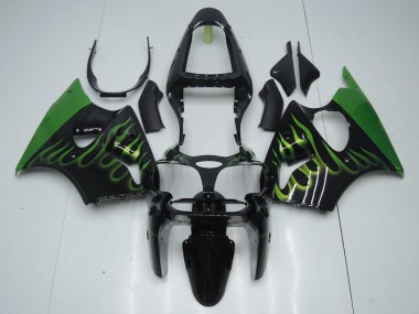 Kawasaki ZX6R 2000-2002 Verkleidungen - Schwarz mit Grün Flamme