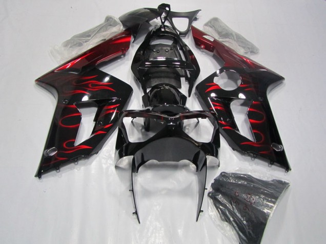 Kawasaki ZX6R 2003-2004 Verkleidungen - Schwarz rote Flamme