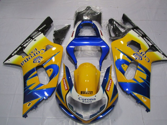 Suzuki GSXR 600 / GSXR 750 Motorrad Verkleidung 2001-2003 - Gelb Blau Weiss Corona Motul