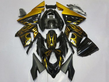 Kawasaki ZX10R Motorrad Verkleidung 2004-2005 - Glanzendes Schwarz Gold Flamme