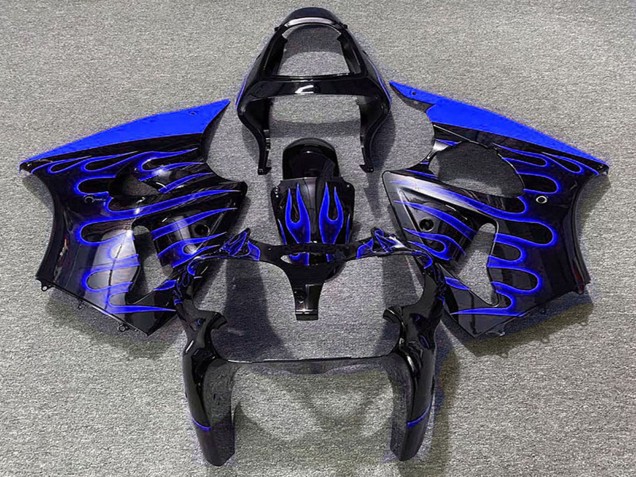 Kawasaki ZX6R Motorrad Verkleidung 2000-2002 - Glanzendes Schwarz Blau Flamme