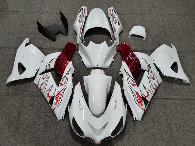 Kawasaki ZX14R Motorrad Verkleidung 2006-2011 - Weiss Rot Flamme