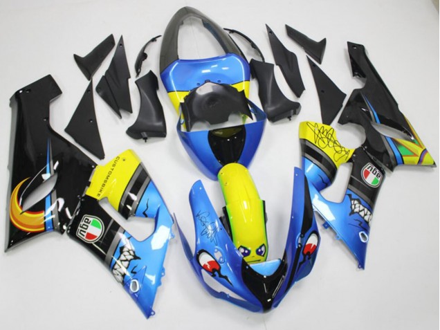 Kawasaki ZX6R Motorrad Verkleidung 2005-2006 - Blau Gelb Schwarz Hai