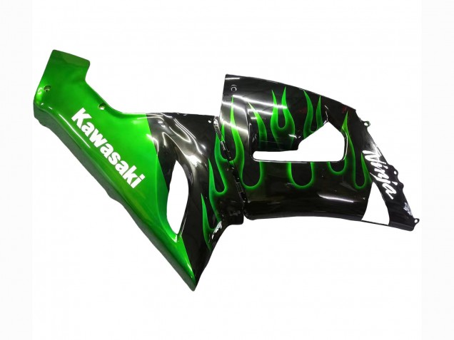 Kawasaki ZX6R Motorrad Verkleidung 2005-2006 - Glanzendes Schwarz Grun Flamme