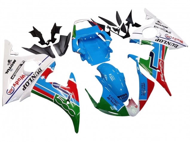 Yamaha YZF R6S Motorrad Verkleidung 2006-2009 - Weiss Blau Grun Rot Kastinee Dunlop Motul