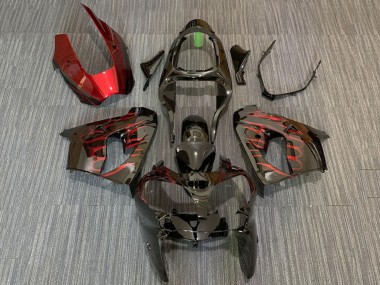Kawasaki ZX9R Motorrad Verkleidung 2000-2001 - Glanzendes Schwarz Rot Flamme