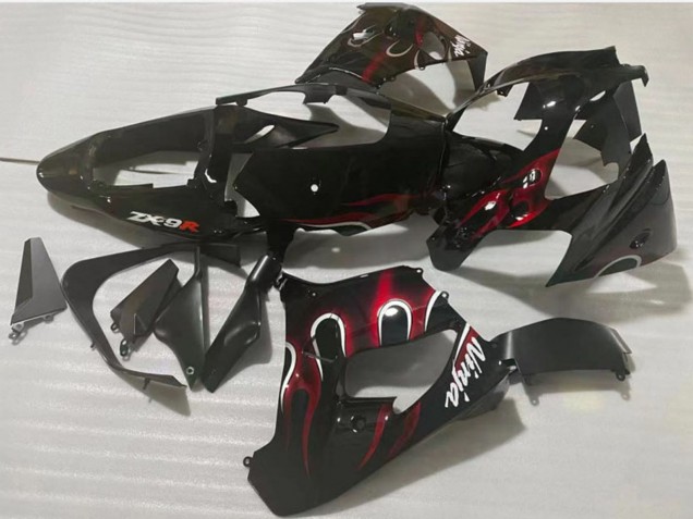 Kawasaki ZX9R Motorrad Verkleidung 2002-2003 - Glanzendes Schwarz Rot Flamme
