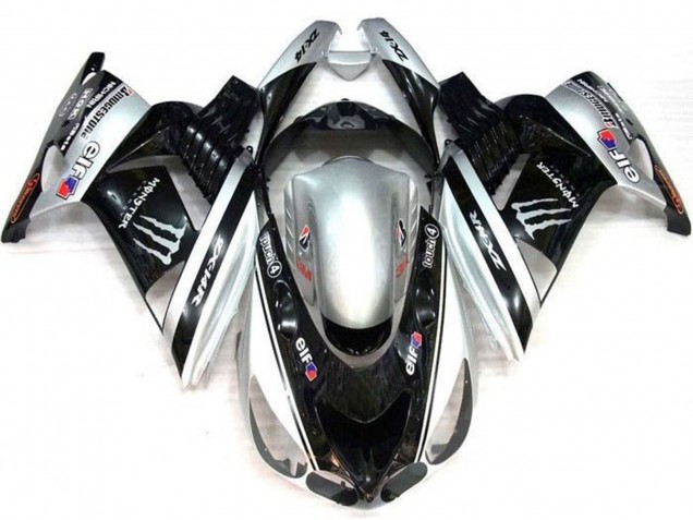 Kawasaki ZX14R ZZR1400 Motorrad Verkleidung 2006-2011 - Silber Schwarz Elf Touch4 Monster Bridgestone