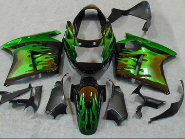 Honda CBR1100XX Blackbird Motorrad Verkleidung 1996-2007 - Glanzendes Schwarz Grun Flamme
