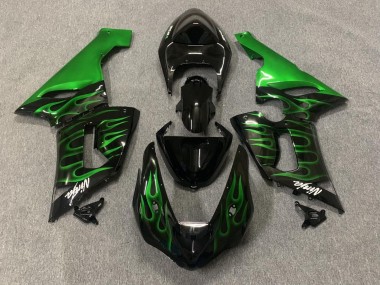 Kawasaki ZX6R Motorrad Verkleidung 2005-2006 - Glanzendes Schwarz Grun Flamme