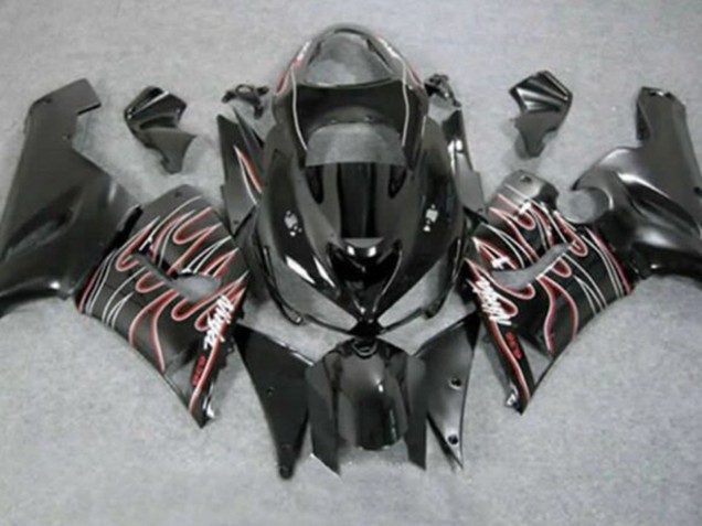 Kawasaki ZX6R Motorrad Verkleidung 2005-2006 - Glanzendes Schwarz Rot Weiss Flamme