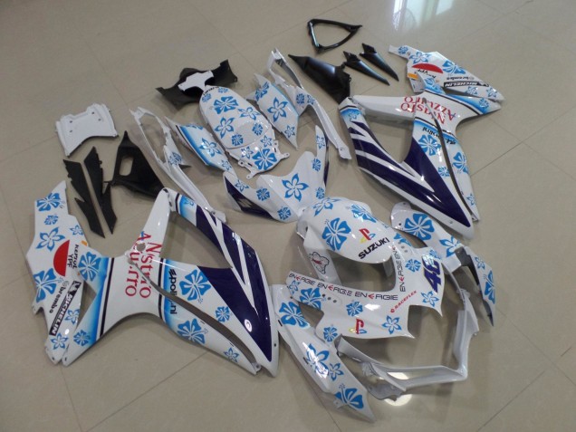 Suzuki GSXR 600 / GSXR 750 Motorrad Verkleidung 2008-2010 - Weiss Blau Flower Rot Nastro Azzurro