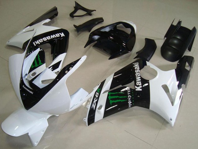 Kawasaki ZX6R Motorrad Verkleidung 2003-2004 - Weiss Glanzendes Schwarz Grun Monster