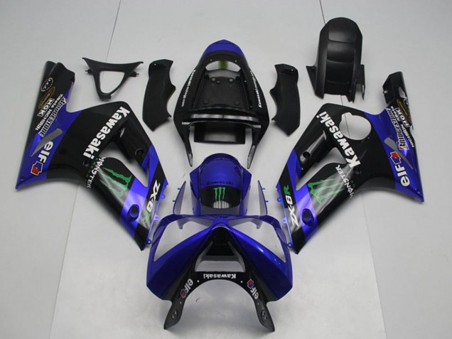 Kawasaki ZX6R Motorrad Verkleidung 2003-2004 - Glanzendes Schwarz Blau Grun Monster